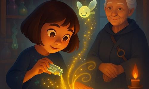 O ucenică vrajitoare de 9 ani, păr castaniu tuns bob, ochi mari curioși, într-o rochie simplă albastru închis pătată de pulbere luminescentă, privește uimită și concentrată o carte veche deschisă care se aprinde sub degetele ei; ea toarnă încet dintr-un flacon mic de sticlă o pulbere galbenă strălucitoare numită „praf de zâmbet” pe copertă, iar literele sar în volute fine luminoase în timp ce o adiere face paginile să vibreze; o bibliotecară vrăjitoare de circa 60 de ani, cu părul alb într-un coc și chip ridat dar binevoitor, stă retrasă pe dreapta cu o cheie masivă în bandulieră și o privire zâmbitoare, iar deasupra flaconului plutește un spiriduș rotund și transparent cu ochi jucăuși și aripi de picătură care scânteiază; atelierul de alchimie este o sală boltită cu rafturi din lemn întunecat, borcane colorate, fiole fumegânde și o masă de stejar încărcată cu pene, chei și pergamente, lumină caldă contrastând cu reflexe fosforescente.