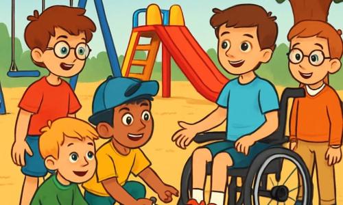 Es gibt 5 Charaktere: Paul ist ein 10-jähriger Junge mit zerzausten braunen Haaren und einer runden Brille, er trägt ein rotes T-Shirt und eine blaue Shorts. Er steht lächelnd und schaut neugierig zu Max. Jonas ist ein 10-jähriger Junge mit blonden Haaren und Sommersprossen, er trägt einen grünen Pullover und eine Jeans. Er sitzt auf dem Boden und spielt mit einem kleinen Spielzeug, während er Max beobachtet. Emil ist ein 10-jähriger Junge mit schwarzen Haaren und einer blauen Mütze, er trägt ein gelbes T-Shirt und weiße Turnschuhe. Er hockt begeistert neben Max. Finn ist ein 10-jähriger Junge mit kastanienbraunen Haaren und einer Brille, er trägt einen orangefarbenen Pullover und beigen Hosen. Er steht etwas abseits, lächelt aber und ist bereit, seinen Freunden beizutreten. Max ist ein 10-jähriger Junge mit kastanienbraunen Haaren und einem freundlichen Lächeln, er sitzt in seinem Rollstuhl, trägt ein hellblaues T-Shirt und eine Shorts. Er ist im Mittelpunkt des Bildes, umgeben von seinen neuen Freunden. Der Ort ist ein großer Schulspielplatz mit bunten Schaukeln, einer leuchtend roten Rutsche und einem großen grünen Baum im einladenden Schatten. Der Boden ist mit goldenem Sand bedeckt, und wilde Blumen wachsen herum, was Farbtupfer hinzufügt. Die Hauptsituation zeigt die vier Freunde, die sich Max nähern, alle lächelnd und aufgeregt, bereit, ihn in ihr Spiel einzubeziehen. Paul streckt die Hand nach Max aus, während Emil ihm ein Spielzeug zeigt. Die Atmosphäre ist fröhlich und freundlich, voller Kameradschaft und Begeisterung.