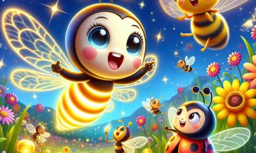 An illustration depicts a cheerful firefly with a glowing body and delicate wings, floating in the air with a big smile, illuminating the starry night. Next to it, a small bee with a yellow and black striped body and translucent wings dances joyfully while collecting nectar, showing an enthusiastic expression. A little further away, a red ladybug with black spots sits on a leaf, telling a story with sparkling eyes of excitement. The main setting is a colorful garden filled with bright flowers, tall grasses, and twinkling lights under a night sky dotted with shining stars. The main scene shows the firefly and its friends celebrating diversity and gender equality on a special day, where everyone shares their talents and has fun together. Other graphic elements include dancing flowers, sparkling stars, and a joyful, festive atmosphere symbolizing harmony and acceptance among all characters.