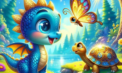 Un piccolo drago di nome Luce, con squame brillanti come stelle e occhi pieni di curiosità, si trova in riva a un lago scintillante, meravigliato dalla sua bellezza. Ha un ampio sorriso sul viso, che mostra il suo entusiasmo per l'avventura. Vicino a lui, una farfalla magica dalle ali colorate vola gioiosamente, incoraggiandolo a esplorare. Su una pietra al bordo del lago, una tartaruga d'oro osserva Luce con un sorriso benevolo, pronta a rivelargli i segreti del mondo. Il luogo è un magnifico paesaggio di foresta incantata, con alberi maestosi, fiori colorati e un cielo blu brillante, dove la luce del sole si riflette sulle acque del lago, creando un'atmosfera magica. La scena principale mostra Luce, il drago, pronto a attraversare il lago scintillante per scoprire la grotta segreta, con la farfalla e la tartaruga che lo incoraggiano nella sua avventura.