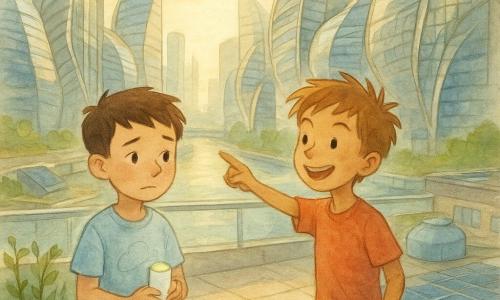 Ci sono due bambini di 8 anni: Tommaso, piccolo, capelli corti castani, maglietta chiara con una macchia a forma di nuvola, sguardo timido, vicino al parapetto di vetro tiene un piccolo sensore cilindrico bianco con una luce LED verde; Lino, magro e vivace, capelli castano chiaro spettinati, mani animate, accanto a Tommaso indica sorridendo le facciate-ali. Luogo: terrazza sul tetto di un edificio in una città futuristica, pavimentazione ampia, fioriere con erbe e viti, pannelli solari e piccoli serbatoi d'acqua visibili, parapetto di vetro, intorno palazzi con facciate metalliche incurvate simili ad ali che riflettono il sole e canali stretti sottostanti, cielo sereno con luce dorata pomeridiana. Situazione: i due osservano le grandi facciate-ali che si muovono lentamente; atmosfera calma e leggera, colori pastello e riflessi metallici, Tommaso tiene il sensore attivo mentre Lino mostra come le ali si orientano verso il sole; composizione centrata, espressioni dolci e dettagli acquerellati.