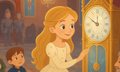La principessa Elia, giovane, è al centro con volto dolce e concentrato, occhi chiari, veste avorio ricamata di piccole stelle dorate, mano appoggiata sul grande quadrante di un orologio di cristallo mentre sorride e parla piano; un giovane principe di circa 8 anni osserva da una scala di marmo a sinistra con mani giunte e abiti blu notte; un musicista di circa 40 anni è seduto dietro un clavicembalo a destra con ciocche grigie e giacca porpora, le dita sulle tastiere; un paggio di 10 anni, con il mantello sulla testa dopo essere inciampato, è inginocchiato e ride; due guardie in armatura argentata stanno vicino alla porta sullo sfondo; la scena si svolge in una grande sala da ballo con pavimento a mosaico, grandi vetrate colorate, lampadari di cristallo, tappeto rosso e una grande orologio di cristallo dorato; la principessa saluta delicatamente l'orologio per sciogliere un nodo scuro attorno al pendolo: luce calda, atmosfera calma e magica, piccoli scintilli argentati attorno al filo che si allenta, invitati sorridenti sullo sfondo.