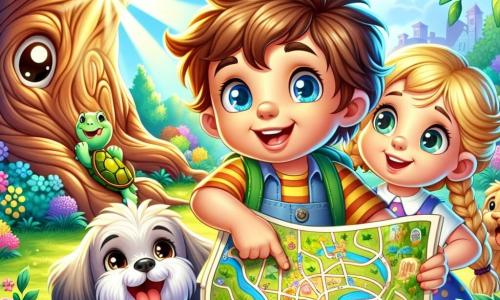 Un bambino di 4 anni, Tommaso, con capelli castani disordinati e occhi pieni di curiosità, tiene in mano una mappa colorata. Ha un grande sorriso sul viso, pieno di eccitazione e avventura. Accanto a lui, sua sorella Giulia, una bambina di 6 anni con capelli biondi intrecciati e un vestito a pois, guarda la mappa con meraviglia. Leo, il cagnolino, è un piccolo cane dai peli dorati che agita la coda con entusiasmo, mentre Tina, la tartaruga, si trova un po' indietro, con il suo guscio verde brillante, curiosa dell'avventura. La loro avventura si svolge in un giardino magico, pieno di fiori colorati, alberi maestosi e un grande albero dal tronco nodoso, sotto il quale si nasconde un tesoro. I raggi di sole filtrano tra le foglie, creando ombre danzanti sul terreno. La scena principale mostra Tommaso, con gli occhi brillanti di eccitazione, che punta verso l'albero gigante, mentre i suoi amici lo ascoltano attentamente, pronti a partire alla ricerca del tesoro nascosto.