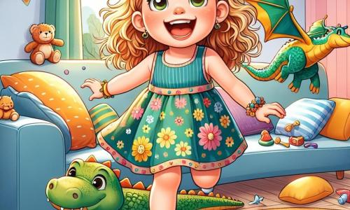 Una niña de 2 años, Clara, con cabello rizado y dorado, lleva un vestido colorido con motivos de flores. Tiene una gran sonrisa en su rostro, los ojos brillantes de emoción, y está subiendo a un sofá que parece una montaña alta. A su lado hay un dragón de juguete, con escamas verdes y ojos brillantes, que parece volar. Un poco más lejos, hay un cocodrilo de peluche, suave y amistoso, en el suelo, con una sonrisa acogedora. La escena transcurre en una sala cálida, con paredes coloridas, cojines esparcidos y juguetes por todas partes, creando un ambiente de bosque encantado. Clara, en plena aventura, imagina que explora un mundo mágico, saltando de una montaña a un río mientras evita los peligros de un cocodrilo, llena de alegría y entusiasmo.