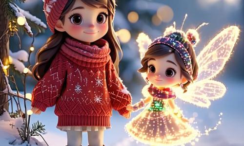 Una ragazza di 11 anni, Sofia, con lunghi capelli castani e occhi pieni di curiosità, si trova sul bordo di un sentiero innevato, con un sorriso meravigliato sul volto. Indossa un grande maglione rosso con motivi di fiocchi di neve e un berretto lavorato a maglia. Accanto a lei, una piccola creatura luminosa, Lumina, assomiglia a una fata con ali scintillanti e un vestito fatto di luce, fluttuando gioiosamente nell'aria. Il paesaggio è un magnifico bosco in inverno, dove alberi maestosi sono coperti da uno spesso strato di neve e fiocchi scendono dolcemente dal cielo stellato. Luci colorate brillano in lontananza, creando un'atmosfera magica. Sofia e Lumina sono insieme, incantate dalla bellezza del Regno di Nevinia, dove gli elfi cantano e animali festivi si radunano attorno a una grande festa di Natale.