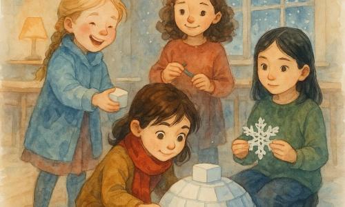 Sunt patru fete: Mara (~9 ani), păr șaten închis, ochi mari căprui, eșarfă roșie, în centru, ghemuită, așezând un cub de hârtie; Ilinca (~9 ani), păr blond împletit, obraji roșii, palton bleu, în stânga, în picioare, zâmbitoare, întinzând o bucată; Daria (~8 ani), păr negru drept, privire calmă, pulover verde-olive, în dreapta, așezată, ținând un fulg decupat; Sofia (~9 ani), păr brunet buclat, zâmbet blând, ține un bastonaș colorat, stă puțin în spatele igluului. Loc: clasă de iarnă cu podea de lemn deschis, mese împinse, ghirlande de fulgi de hârtie, lumină caldă și geam înghețat cu peisaj înzăpezit. Situație: fetele construiesc un mic iglu din cuburi de hârtie pe podea, atmosferă liniștită și concentrată, cană cu ciocolată caldă pe o masă, zâmbete și accente roșii/verde în haine.