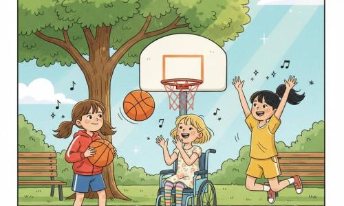 Drie meisjes spelen samen op een klein buurtbasketveld onder een grote groene boom: links Noor (8) met bruine twee staartjes, rode jas en sportshort, dribbelt een grote oranje bal met witte stipjes, geconcentreerd met een verlegen glimlach; in het midden Mila (7) met kort blond haar in een lichtblauwe rolstoel voor de basket, handen klaar om te vangen, draagbare jurk en kleurrijke panty's, vrolijk en klappend; rechts Mia (9) met zwart paardenstaart en gele sportkleding springt met opgeheven armen alsof de bal het net binnengaat; het veld heeft licht asfalt met witte lijnen, een lage paal met rood-wit net, gras en bankjes op de achtergrond, blauwe lucht met enkele zachte wolken, warme zonnestralen, gelach weergegeven als kleine muzieknoten en levendige, zachte kleuren in een kinderstripstijl.