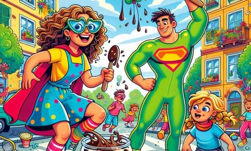 Super-Șoseta, o tânără dinamică cu părul creț și ochelari de soare amuzanți, stă în centrul scenei, zâmbitoare și hotărâtă, pregătită să rezolve haosul budincii. Poartă o salopetă colorată și șosete asortate care îi dau un aer jucăuș. La dreapta ei, Domnul Elastic, un bărbat de aproximativ 30 de ani cu un costum verde elastic și brațe care se întind, privește cu surprindere și entuziasm, ținând o lingură mare de lemn. La stânga ei, Fetița Fulger, o fetiță de 8 ani cu părul blond împletit și o pelerină roșie, ridică un mic găleată, nerăbdătoare să ajute. Un pic mai în spate, Băiatul Balon, un băiat de 9 ani cu un tricou albastru și un mare balon roșu, pare ezitant, observând scena cu ochi mari. Scena are loc pe o stradă animată, unde case colorate marginesc drumul, iar copiii râd în timp ce alunecă pe budinca întinsă pe sol. Copacii verzi și florile strălucitoare adaugă o notă de bucurie mediului. Situația principală arată cum Super-Șoseta și prietenii ei supereroi încearcă să rezolve dezordinea dulce, în timp ce râsetele și strigătele de bucurie răsună în jurul lor, creând o atmosferă comică și plină de energie.