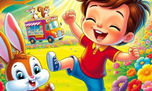 A 4-year-old boy named Timmy, with messy brown hair and a big joyful smile, is wearing a red t-shirt and blue shorts. He is enthusiastically dancing with his arms raised to the sky in a colorful garden filled with bright flowers. Next to him, a rabbit-shaped hat named Hoppy, with large white ears and sparkling eyes, appears to be jumping for joy, its ears floating in the air. In the background, a curious squirrel with red fur and a bushy tail is perched on a branch, watching the scene with an amused expression. The garden is bathed in golden light, with dancing trees gently swaying to the rhythm of imaginary music. The main scene shows Timmy and Hoppy joyfully dancing, surrounded by flowers that seem to applaud, while a colorful ice cream truck floats above them, ready to serve delicious ice creams.