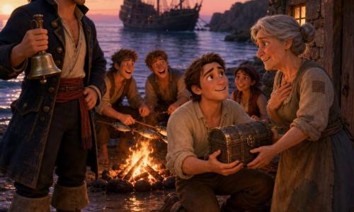 A proud, smiling pirate named Marlowe with black hair tied by a red ribbon, a worn navy jacket and scuffed light boots holds a small shiny metal bell and watches the fire; beside him sits a young man, Finn, round-faced and moved, in a cream shirt clutching an iron chest, while Finn’s elderly mother with gray hair in a bun and patched simple dress receives the chest with tears of relief in front of a small house with repaired tiles; two young male crew and a young woman laugh and roast fish over the campfire in the background; setting: a wet sandy beach at dawn with black rocks, a crackling fire, calm sea and a dark sailboat at anchor under a pale pink sky, warm orange light on faces conveying relief, camaraderie and a triumphant, gentle heroic mood.