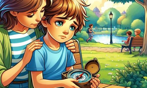A 10-year-old boy with tousled brown hair and eyes shining with sadness sits on a park bench, holding an old compass in his hands. He wears a blue t-shirt and beige shorts, and his face shows a gentle melancholy with a hint of hope. Next to him, his mother, a woman in her thirties with long brown hair, looks at him tenderly, her arm resting on his shoulder, sharing a moment of comfort. In the background, the park is lush with leafy trees, a sparkling pond, and children playing in the distance, creating a peaceful and nostalgic atmosphere. The scene depicts the boy reflecting on his deceased grandfather while reminiscing about past adventures symbolized by the compass he holds, representing enduring love and memories.