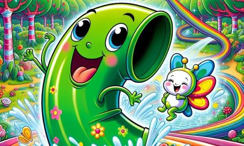 Henry, a bright green garden hose with colorful flower patterns, is joyfully sliding down a water slide that winds through a fantastical landscape. His expression is filled with excitement and happiness, with sparkling water droplets flying around him. Next to him, Bella, a shiny little bell with butterfly wings, vibrates with joy, her eyes twinkling with mischief as she clings to Henry. She lets out bursts of laughter that blend with the splashes of water. The setting is an enchanted valley, where trees with brightly striped trunks bear heart-shaped leaves, and flowers dance to a gentle melody. Candy-shaped clouds float in a bright blue sky, adding a touch of magic. The main scene shows Henry and Bella going down the water slide, laughing as they prepare to dive into the Giga-Laughs River, where the water sparkles with a thousand lights and promises laughter with every drop.