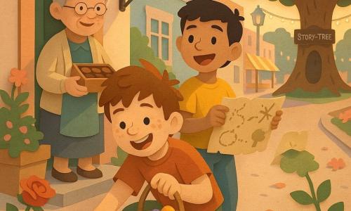A joyful, mischievous 10-year-old boy with a round freckled face and tousled brown hair crouches with a small wicker basket of colorful chocolate eggs, gently slipping a shiny blue egg under a rosebush; a neighbor boy of about 11 with short black hair and an eager smile stands beside him holding a scribbled map and looking toward a large oak (
