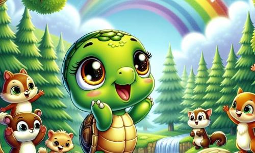 Eine kleine Schildkröte namens Tilly, mit einem glänzend grünen Panzer und neugierigen, funkelnden Augen, steht auf einem Hügel und blickt bewundernd auf einen wunderschönen Regenbogen, der den Himmel erleuchtet. Tilly zeigt ein Gesicht voller Freude und Aufregung, ihre kleinen Vorderbeine sind triumphierend in die Höhe gestreckt. In der Nähe ermutigt eine Gruppe von Waldbewohnern, darunter ein fröhliches Eichhörnchen mit rotem Fell und eine weise Eule mit braunen Federn, sie mit warmen Lächeln. Das Eichhörnchen, das auf einem Ast sitzt, klatscht mit seinen kleinen Pfoten, während die Eule, die auf einem Stein sitzt, mit weisem und freundlichem Blick zuschaut. Die Szenerie zeigt eine wunderschöne Waldlandschaft mit majestätischen Bäumen mit lebhaft grünen Blättern, bunten Blumen, die am Boden verstreut sind, und einem strahlend blauen Himmel, der mit fluffigen weißen Wolken gesprenkelt ist. In der Ferne funkelt ein Bach und verleiht der Szene einen Hauch von Magie. Die Hauptsituation zeigt Tilly, die voller Entschlossenheit ihre Siege feiert, nachdem sie den Hügel erklommen hat, bereit, die Wunder zu entdecken, die die Welt ihr dank ihres Mutes und Glaubens an sich selbst zu bieten hat.