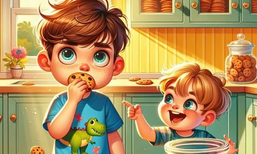 A 10-year-old boy, Tommy, with messy brown hair and sparkling mischievous eyes, stands in the kitchen with his cheeks full of cookies, looking both guilty and amused. He wears a blue t-shirt with a dinosaur print and red shorts. Next to him, his 6-year-old sister Emma, with blonde hair in pigtails and a playful face, points at him while laughing, standing on tiptoe to see better. The kitchen is bright and welcoming, with yellow walls and a large wooden countertop where a glass cookie jar filled with delicious treats sits. Sunlight shines through the window, illuminating the cookie crumbs on the floor. In this scene, Tommy, caught red-handed, hesitates between confessing to eating cookies before lunch or making up an excuse, while Emma, excited, waits for their mom's reaction just outside the room.