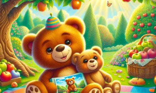 Un piccolo orsetto di peluche di nome Bruno, con un morbido pelo marrone e occhi scintillanti di gioia, è seduto su una coperta colorata sotto un grande albero di mele. Sorride ampiamente, tenendo un album fotografico restaurato tra le zampe, irradiando eccitazione e amore per il suo papà. Accanto a lui, il suo papà, un orso robusto di nome Gigi, con un pelo più chiaro e un cappellino divertente, guarda Bruno con un sorriso orgoglioso. I suoi occhi brillano di tenerezza mentre ammira il regalo del figlio. Sullo sfondo, la scena si svolge in un giardino soleggiato, pieno di fiori colorati e meli carichi di frutti, creando un'atmosfera gioiosa e festosa. Bruno e Gigi celebrano la festa del papà, circondati da biscotti a forma di cuore, pronti a immortalare questo momento speciale con una foto insieme, pieni di felicità e amore.