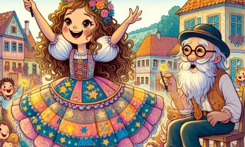 În centrul imaginii, Nela, o tânără vrăjitoare de 10 ani, cu părul lung și ondulat și ochi strălucitori de năzdrăvănie, dansează vesel pe o mică scenă de lemn. Ea poartă o rochie colorată împodobită cu stele strălucitoare și ține o baghetă magică care strălucește cu o lumină aurie. Fața ei exprimă o mare emoție și un strop de nervozitate în timp ce încearcă să realizeze un truc de magie. Lângă ea, un bătrân, Bâtranel, în vârstă de aproximativ 70 de ani, cu o barbă lungă și albă și ochelari rotunzi, privește scena cu un zâmbet amuzat. El stă pe un scaun de lemn, ținând o batistă, pregătit să șteargă noroiul de pe pantalonii săi după o transformare neașteptată. În fundal, piața satului Măgicel este animată, înconjurată de case colorate cu acoperișuri de țiglă, cu flori strălucitoare și copii care râd și aplaudă. Norii pufoși plutesc pe un cer albastru deschis, adăugând o notă de magie atmosferei. Situația principală o arată pe Nela încercând să transforme un măr drăguț într-un animal, dar în loc de aceasta, apare un câine amuzant cu urechi mari de morcov, provocând hohote de râs în mulțime.