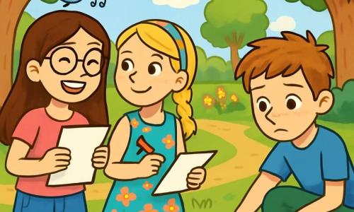Er zijn 3 personages: - Sanne: een 10-jarig meisje met lang bruin haar en ronde bril. Ze draagt een roze t-shirt en een spijkerbroekshort, en ze glimlacht vrolijk terwijl ze een vel papier vasthoudt. - Lucas: een 10-jarige jongen met rommelig kastanjebruin haar en sproeten op zijn gezicht. Hij draagt een blauwe t-shirt en groene broek, en kijkt nadenkend naar een klein papieren bootje dat hij net in het water heeft gegooid. - Emma: een 10-jarig meisje met gevlochten blond haar en een gekleurde haarband. Ze draagt een bloemenjurk en houdt een pen vast, klaar om op een ander stuk papier te schrijven. Ze staat naast Sanne, de twee meisjes kijken elkaar met een blik van samenzijn aan. De situatie speelt zich af in een groen park met een grote kalme waterpartij in het midden. Majestueuze bomen omringen het park, hun bladeren glinsteren in het zonlicht. Kleurrijke bloemen sieren het pad en vogels zingen in de takken. De scène is vredig en vrolijk. De hoofdactie van het verhaal toont de drie vrienden die papieren bootjes op het water laten varen, ieder zijn emoties uitdrukkend door op de bootjes te schrijven. Sanne en Emma glimlachen, terwijl Lucas, iets serieuzer, zijn bootje in de verte observeert, wat het delen van zijn gevoelens symboliseert.