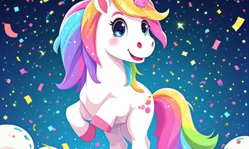 Uma magnífica unicórnio chamada Estrela, com um chapéu de festa colorido na cabeça e um chifre brilhante como um arco-íris, dança alegremente no centro de um vale encantador, seu rosto radiante de felicidade. Ao lado dela, um menino de 8 anos chamado Hugo, com cabelos castanhos bagunçados e olhos brilhantes de travessura, segura balões multicoloridos e ri alto, cercado por criaturas fantásticas. O local é um vale mágico, cheio de flores cantantes de cores vivas, rios de limonada efervescente e nuvens fofas flutuando em um céu azul brilhante. A cena principal mostra Hugo e Estrela preparando uma grande festa, cercados por criaturas alegres, com confetes coloridos caindo do céu e risadas ecoando por toda parte.