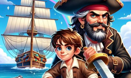O personagem principal, o Capitão Rodrigo, é um homem na casa dos quarenta anos, com uma longa barba e olhos penetrantes. Ele usa um chapéu de pirata decorado com penas coloridas e um casaco de couro desgastado. Sua expressão é determinada e corajosa enquanto segura firmemente sua espada, pronto para defender seu navio. Ao seu lado está Lucas, um garoto de doze anos, com cabelos castanhos bagunçados e um sorriso entusiasmado. Ele está agachado perto de um canhão, com os olhos fixos no horizonte, preparado para alertar a tripulação sobre um perigo iminente. Ao fundo, o navio 