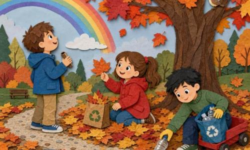 Tre bambini: Luca, 8 anni, capelli castani corti, occhi vivaci, giacca blu e pantaloni kaki, tiene un piccolo cannocchiale nella mano destra, in piedi a sinistra e guarda l’arcobaleno; Sofia, 7 anni, capelli castano chiaro lunghi raccolti in coda, cappotto rosso con cappuccio, seduta vicino all’albero al centro, sorride e porge una foglia d’acero arancione; Marco, 9 anni, capelli neri corti, in una piccola carrozzina rossa, maglione verde, a destra del gruppo mentre raccoglie una bottiglia di plastica. Luogo: parco d’autunno con un grande acero dal tronco testurizzato, rami larghi e foglie rosso-arancioni che cadono, terreno coperto di foglie gialle e arancioni, piccoli sentieri ghiaiosi e una pozzanghera riflettente; sullo sfondo cielo pallido dopo la pioggia con un arcobaleno basso e alcuni uccelli stilizzati sui rami. Situazione: i tre amici sotto l’acero dopo la pioggia raccolgono rifiuti (bottiglie, carte) per pulire il parco in un’atmosfera gioiosa e cooperativa; colori caldi d’autunno in contrasto con l’arcobaleno brillante, texture nette tipo carta ritagliata e ombre morbide.