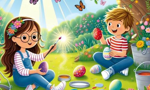 In een zonnige tuin hebben we twee hoofdpersonages: Emma, een tienjarig meisje met lange bruine haren en een bril met ronde glazen, zit op het gras omringd door kleurrijke verfpotten. Ze glimlacht vrolijk terwijl ze een ei paars schildert. Tom, een tienjarige jongen met een rommelige blonde haardos en een gestreept t-shirt, staat naast haar met een rood ei en lacht terwijl hij een grappig patroon laat zien dat hij net heeft gemaakt. De tuin is gevuld met schitterende bloemen in alle kleuren, terwijl vlinders om hen heen fladderen. Op de achtergrond biedt een grote schaduwrijke boom een vredig toevluchtsoord, terwijl zonnestralen door de bladeren filteren. De belangrijkste situatie toont Emma en Tom terwijl ze magische paaseieren creëren, met sprankelende lichtflitsen die van de eieren komen die ze versieren, wat de magie van hun avontuur symboliseert.