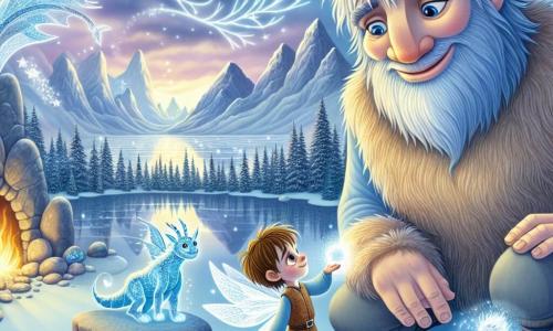 Un gigante de gran corazón, llamado Turik, está de pie en el centro del escenario, con una sonrisa cálida en su rostro. Tiene la piel de un suave color azul, el cabello desordenado de color nieve y ojos brillantes como estrellas. Turik extiende la mano hacia una pequeña criatura luminosa, Pequeel, que flota a su lado. Pequeel, un ser mágico con alas brillantes y ojos chispeantes, es una pequeña hada de luz. Ella parece alegre y agradecida, iluminando el rostro de Turik con su resplandor. El escenario se sitúa en el hermoso Valle de los Espejismos, donde piedras brillantes parecen espejos, reflejando paisajes encantadores. Copos de nieve caen suavemente, creando una atmósfera mágica y pacífica. La situación principal muestra a Turik y Pequeel preparándose para enfrentar al majestuoso dragón de hielo, que se alza ante ellos, guardián del Corazón de Cristal, con una expresión de sabiduría y desafío. El aire está cargado de una tensión palpable, mientras el gigante y el hada unen sus fuerzas para demostrar su valía.