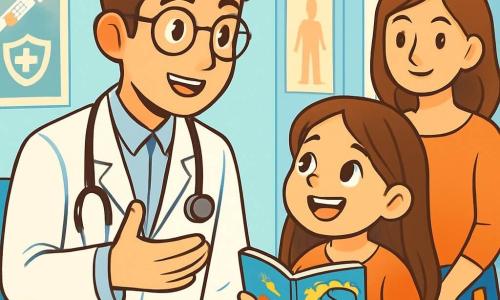 Un joven médico, Álvaro, es un hombre de unos 30 años, con cabello castaño y gafas redondas. Lleva una bata blanca impecable, un estetoscopio alrededor del cuello y una cálida sonrisa en el rostro, mostrando su determinación y empatía. A su lado, una niña pequeña, Lucía, de 8 años, tiene largos cabellos castaños y ojos brillantes. Ella mira a Álvaro con admiración, sosteniendo un cómic en sus manos. Un poco más lejos, la madre de Lucía, una mujer de unos treinta años con cabello castaño y una sonrisa tranquilizadora, observa la escena con orgullo. La escena transcurre en una sala de consulta luminosa, con paredes pintadas de azul claro, carteles coloridos sobre salud y juguetes esparcidos sobre una mesa. Una ventana deja entrar la luz del sol, iluminando el espacio. La situación principal muestra a Álvaro explicando a Lucía la importancia de vacunarse, utilizando gestos amigables y metáforas divertidas, mientras la niña escucha atentamente, fascinada por sus palabras.