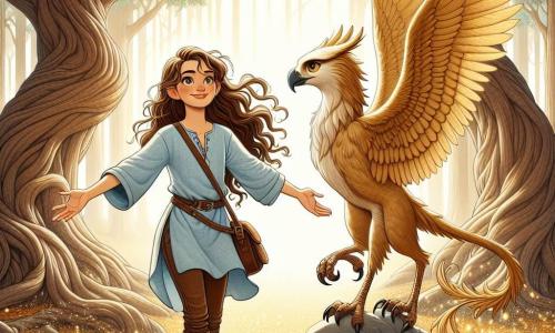 Elara, a young woman with long wavy brown hair, wears a light blue linen tunic and leather pants. She has sparkling curious eyes and a determined smile, standing proudly in front of a massive ancient oak, arms open as if welcoming the world. Beside her, Aethon, a majestic griffin with golden feathers and piercing eyes, stands in a regal position, wings slightly spread, ready to take flight. The setting is an enchanted clearing surrounded by tall trees with gnarled trunks, where sunlight filters through the leaves, creating dancing light patterns on the ground covered with golden leaves. The main scene shows Elara, full of courage, facing Aethon, ready to embark on a magical adventure, as glimmers of light sparkle around them, symbolizing the beginning of their fantastic journey.