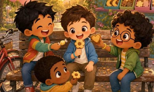 Ci sono quattro bambini di circa 6 anni: Yusuf, pelle chiara, capelli castani corti, occhioni dolci, con un braccialetto blu alla mano sinistra, seduto al centro della panchina che tiene un biscotto a forma di fiore come un microfono; Amir, carnagione olivastra, capelli neri spettinati, sorriso largo, giacca colorata, seduto a sinistra di Yusuf che ride offrendo una caramella al limone; Nabil, pelle abbronzata, capelli ricci, occhiali tondi e braccialetto giallo, seduto a destra di Yusuf che mostra un biscotto a forma di cuore ridendo; Samir, pelle un po' più scura, capelli corti, inizialmente timido poi felice, seduto leggermente davanti a Yusuf che accetta timidamente un biscotto. Sono in un piccolo parco al crepuscolo sotto un grande albero dalle foglie che creano ombre verde tenue, su una panchina di legno consumata coperta di briciole con una bicicletta rossa appoggiata vicino; sullo sfondo una bancarella colorata con scatole di biscotti a forma di luna e fiore, alcuni palloncini pastello e petali a terra. La scena ritrae la condivisione di biscotti e caramelle durante la festa dell'Eid dopo il Ramadan, atmosfera dolce e colori caldi, gesti amichevoli e dettagli visibili come braccialetti, briciole e una scatola di biscotti aperta.