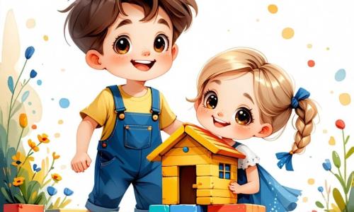 Un bambino di un anno, Tommy, con capelli castani disordinati e grandi occhi curiosi, sorride gioiosamente mentre impila scatole colorate per costruire una piccola casa. Indossa una salopette blu e una maglietta gialla, e il suo viso esprime grande eccitazione. Accanto a lui, la sua migliore amica Mia, una bambina di un anno con capelli biondi in trecce e occhi scintillanti, lo incoraggia con un ampio sorriso. Indossa un vestito rosa a pois bianchi e tiene una scatola tra le mani, pronta ad aggiungerla alla loro costruzione. La scena si svolge in un giardino soleggiato, pieno di fiori colorati e erba verde, con raggi di sole che filtrano tra gli alberi. Sullo sfondo, si vede un cielo azzurro chiaro con alcune nuvole bianche e soffici. La situazione principale mostra Tommy e Mia concentrati sul loro progetto, ridendo e aiutandosi a vicenda per costruire la loro piccola casa di scatole, simboleggiando la loro amicizia e la gioia di giocare insieme.