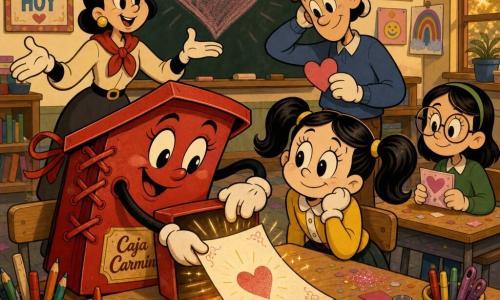 Una caja de cartón roja antropomórfica llamada Caja Carmín, con un lazo algo torcido, grandes ojos pintados y pequeñas manos de cartón, muestra una expresión orgullosa y enternecida mientras se inclina sobre su abertura para sacar un papel; Martina, niña de 10 años con coletas y chaqueta amarilla, sonríe y mira la caja con la mano en el borde del pupitre, protectora; Bruno, chico alto y torpe de pelo corto castaño, se muestra tímido pero tierno detrás de ella sosteniendo un pequeño corazón de papel; Irene, niña tranquila con gafas y suéter verde, sostiene un mensaje plegado en corazón sentada en una mesa cercana; la profesora Clara, adulta benévola con el pelo recogido y una bufanda roja, está de pie junto a la pizarra con gesto alentador; el aula, luminosa y colorida, tiene mesas de madera clara, botes de lápices, purpurina y confeti rosa en el suelo, un gran corazón a la tiza en la pizarra y una ventana con luz suave de tarde; la escena principal muestra la caja liberando un papel especial titulado Para quien necesita confianza, los niños reunidos alrededor en una atmósfera cálida y alegre, composición centrada en la caja y el papel cayendo, colores vivos, contornos nítidos y siluetas de miembros elásticos al estilo rubber hose.