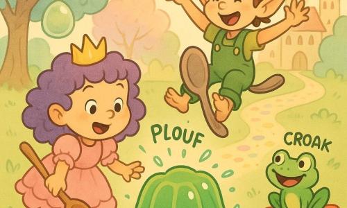 La princesa Lila, niña sonriente y asombrada de cabello violeta rizado, rostro redondo, vestido rosa de volantes y corona dorada, sostiene una cuchara de madera y apunta a una grande gelatina verde caída; Tomás el duende, chico de unos 6 años, pequeño, pelo castaño despeinado, orejas puntiagudas y peto verde, salta sobre una gran cuchara como si fuera un caballo junto a la princesa con las manos en alto y gesto travieso; una gran rana verde brillante con ojos redondos está sentada en una flor roja a la derecha mirando la gelatina y croando alegre; jardín del castillo colorido y fantasioso con césped suave, camino de flores multicolores, árboles de hojas pastel y un árbol grande del que cuelga una gelatina translúcida; situación: acaban de atrapar la gelatina mágica que hizo 