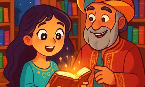 Młoda kobieta o imieniu Lila, z oczami błyszczącymi jak gwiazdy i długimi falującymi włosami, stoi w centrum magicznej biblioteki. Ma na sobie zwiewną turkusową suknię ozdobioną złotymi wzorami, a jej twarz wyraża zdumienie i ciekawość. W ręku trzyma starą książkę, która lśni złotym światłem. Obok niej stoi starszy mężczyzna, Aziz, mądry kupiec, z siwą brodą i figlarnymi oczami. Ma na sobie kolorowy turban i bogato haftowaną tunikę. Uśmiecha się życzliwie, obserwując Lilę z dumą. Biblioteka jest ogromna, z rzeźbionymi drewnianymi półkami wypełnionymi książkami o błyszczących okładkach. Duże okna wpuszczają światło księżyca, oświetlając pokój miękkim, tajemniczym blaskiem. Na podłodze leżą perskie dywany o żywych wzorach, co dodaje magicznej atmosfery. Główna scena pokazuje Lilę odkrywającą lśniącą książkę, podczas gdy Aziz wyjaśnia jej znaczenie wiedzy i opowieści. Zafascynowana Lila jest gotowa zanurzyć się w czekającą ją przygodę.
