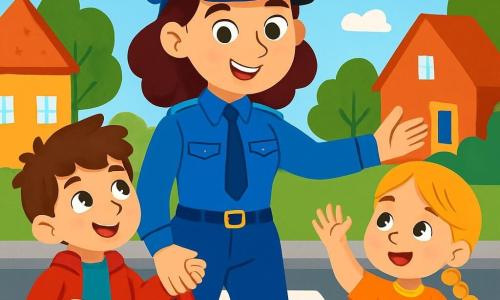 O tânără polițistă, Mara, zâmbitoare și plină de determinare, poartă o uniformă albastră strălucitoare cu o șapcă asortată. Ochii ei strălucesc de bunătate în timp ce îi ajută pe copii să traverseze strada. Lângă ea, un băiat pe nume Matei, în vârstă de 7 ani, cu părul brun zburlit și o jachetă roșie, o privește cu admirație ținând în mână o eșarfă roșie cu stele. Puțin mai departe, o fetiță de aproximativ 5 ani, cu părul blond împletit, ridică mâna pentru a pune o întrebare, fața ei radiază de curiozitate. Scena se desfășoară pe o stradă animată dintr-un sat pitoresc, marginit de case colorate și copaci mari cu frunze verzi, sub un cer albastru deschis presărat cu nori albi pufoși. Mara, cu un aer liniștitor, le explică copiilor importanța siguranței rutiere, în timp ce Matei își arată cu mândrie eșarfa găsită, creând o atmosferă veselă și educativă.