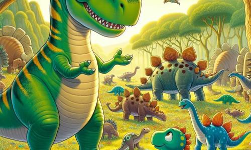 Tyrannosaurus Rex o imieniu Trix, z zieloną skórą w żółte paski, łagodnymi oczami i dużym uśmiechem, stoi na środku sceny, podnosząc przednie łapy, jakby witał swoich przyjaciół. Obok niego mały stegozaur o imieniu Stegi, z kolorowymi płytkami na plecach i ciekawym wyrazem twarzy, z podziwem patrzy na Trixa. W tle grupa różnych dinozaurów, takich jak triceratopsy i pterodaktyle, radośnie pracuje, budując schronienia i przygotowując się na przybycie nowego towarzysza. Tło to bujna dolina, wypełniona jaskrawymi kwiatami, dużymi drzewami o grubych pniach i złotym światłem filtrującym przez liście. Główna sytuacja pokazuje Trixa i jego przyjaciół zjednoczonych, gotowych przyjąć nowego dinozaura do swojej rodziny, symbolizując przyjaźń i solidarność.