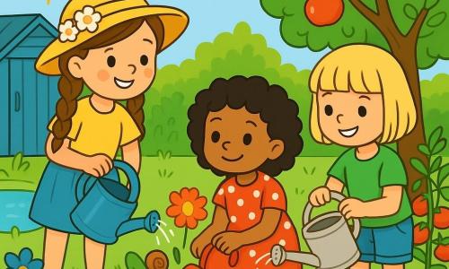There are three characters: Mia, a 5-year-old girl with long braided brown hair, wearing a yellow hat adorned with white flowers, standing next to a blue bucket, smiling and ready to water the plants; Noor, a 5-year-old girl with curly black hair, wearing a red dress with white polka dots, crouched down holding a small red watering can, curiously looking at a flower; and Lila, a 5-year-old girl with a bob haircut, wearing a green t-shirt and denim shorts, standing next to Mia, pouring water from a watering can onto a plant. The scene takes place in a sunny garden filled with colorful flowers, green tomatoes hidden among the leaves, and a large apple tree heavy with fruit. The ground is covered with soft green grass, and a small water basin is next to a blue-painted wooden shed. The main situation shows the three girls carefully watering the plants, laughing and having fun while discovering a shiny little snail on a leaf. Their faces are lit by the sun, and the atmosphere is joyful and lively.
