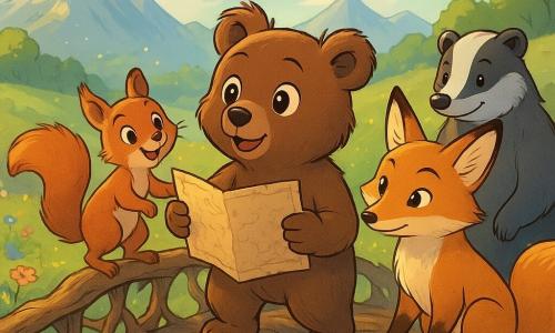 Tully, a small brown bear with sparkling curious eyes, stands at the edge of an ancient bridge made of intertwined roots, his expression both amazed and determined. He holds an old map in his paws, the ink slightly faded, while a gentle breeze ruffles his fur. Beside him, Pip, a playful squirrel with reddish fur and bright eyes, climbs one of the bridge's roots, his face beaming with excitement. Mina, a golden-furred fox, closely examines the map, her gaze focused and curious, while Bram, a friendly gray badger, stands behind them with a slight smile, ready to encourage them. The setting is an enchanted valley bathed in golden light, with colorful flowers dancing in the wind and rolling green hills stretching as far as the eye can see. In the background, majestic mountains rise, their peaks touching a blue sky dotted with fluffy clouds. The main scene shows Tully and his friends on the bridge, ready to cross into a new adventure, with sparkling light around them, symbolizing the excitement and anticipation of what awaits them on the other side.