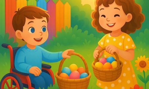 Two children: Lily, about 7, curly light-brown hair, wearing a yellow polka-dot dress, standing at the right smiling and holding a wicker basket of colored eggs; Max, about 8, short brown hair and bright blue eyes, in a sky-blue sweater seated in a red wheelchair to Lily’s left, reaching toward a large Easter basket by a painted fence; spring garden setting with fresh green lawn, red tulip clumps, white daisies and yellow sunflowers, a rainbow-painted wooden fence in the background, low golden sun with soft shadows, multicolored eggs scattered on the grass, joyful atmosphere, vivid saturated colors, smooth gradient textures and warm morning light.