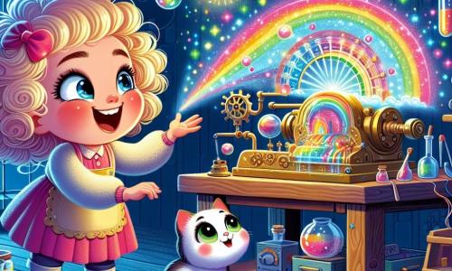 A joyful woman, Molly, with tousled hair like a cotton cloud and sparkling mischievous eyes, stands in front of her rainbow machine. She smiles enthusiastically, her rosy cheeks illuminated by the light of her creation. Beside her, her small cat, Pippin, a curious kitten with bright green eyes, watches the machine with fascination, sitting on a wooden shelf. The place is a vibrant workshop filled with bright colors: shimmering tools, pieces of colored glass, and glimmers of light dancing on the walls. Scraps of paper and sketches of whimsical inventions are scattered around them. With a spark of excitement in her eyes, Molly has just activated her machine, and a beautiful rainbow begins to emerge, filling the room with bright and joyful colors. Bubbles of light float around them, creating a magical and playful atmosphere.