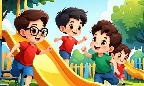 En un patio de juegos colorido, cinco niños están reunidos. Miguel, un niño de seis años con cabello castaño y gafas, lleva una camiseta roja y un pantalón corto azul. Corre hacia el tobogán con una gran sonrisa. Samir, un niño de seis años con cabello negro y rizado, lleva una camiseta verde y jeans. Mira el tobogán con emoción y nerviosismo, cerca de Pablo. Pablo, un niño de seis años con cabello rubio y una pequeña prótesis en la pierna, lleva una camiseta amarilla y zapatillas. Sonríe y le tiende la mano a Samir para animarlo a subir. Sofia, una niña con cabello largo y castaño, lleva un vestido rosa. Está sentada en un banco, aplaudiendo y animando a sus amigos. Clara, la maestra, es una mujer sonriente con cabello castaño, que lleva una bata azul. Está al lado del tobogán, observando a los niños con orgullo. El patio de juegos está lleno de colores vivos: un gran tobogán amarillo, columpios rojos y una pequeña casa de madera pintada de azul. Flores multicolores rodean el área de juego, y el cielo es de un azul brillante. La escena principal muestra a Samir y Pablo, tomados de la mano, subiendo juntos las escaleras del tobogán, listos para deslizarse. Los otros niños los miran con entusiasmo, listos para aplaudir.