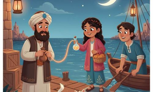 Yasmina, jovem de pele oliva e tranças em coroa, sorri determinada com um cesto de pães e uma pequena garrafa luminosa enquanto está num seixo junto a um cais; o gato branco Zafir, olhos âmbar e cauda longa em fita com um pendente de chave, serpenteia aos seus pés; à esquerda, um mercador de ~45 anos, barba espessa e turbante gasto, segura uma bolsa de cobre junto a caixas; à direita, um marinheiro de ~30 anos, pele marcada e roupas simples, apoia a mão numa corda; cena num porto noturno de tons quentes (cais de madeira, barcos, lanternas de vidro com halos laranja, mar brilhante e céu estrelado com grande crescente à la Mil e Uma Noites), onde Yasmina oferece pão e a garrafa cria uma frágil ponte de luz entre o mercador e o marinheiro, sugerindo reconciliação, sombras suaves, silhuetas nítidas e motivos árabes nos tecidos.
