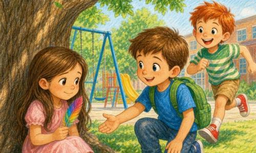 A smiling 6-year-old boy, Ethan, with short brown hair, bright eyes, wearing a blue T-shirt and green backpack, reaches out to invite his friend to play; a shy-then-happy 6-year-old girl, Lily, with long brown hair in a pale pink dress, sits under a large oak holding a colorful feather and looks at him with a half-smile; a lively 6-year-old boy, Sam, with red hair and bright red sneakers, laughs as he runs toward them from the playground a few steps behind Ethan; the sunny schoolyard has the oak, a blue swing, a yellow slide, grassy cushions and soft shadows, and the scene emphasizes the three children close together, warm expressions, bright colors, and an atmosphere of friendship and inclusion.