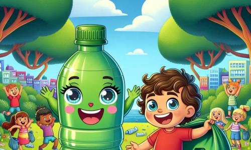 Een groene plastic fles genaamd Bella, met een grote blije glimlach en sprankelende ogen, staat in het midden van het park, enthousiast haar armen in de lucht heft. Naast haar staat een klein jongetje met bruin, krullend haar, gekleed in een rode t-shirt en een blauwe short, genaamd Aapje, die breed glimlacht en een grote recyclingbak vasthoudt, klaar om afval op te rapen. Het park is gevuld met kleurrijke bloemen, majestueuze bomen met glanzende bladeren en een stralende blauwe lucht met enkele donzige witte wolken. Kinderen van alle leeftijden, gekleed in kleurrijke kleren, zijn druk bezig met het oprapen van afval met plastic zakken, lachend en plezier makend. De belangrijkste situatie toont Bella en Aapje die hun vrienden aanmoedigen om het park schoon te maken, waardoor een vieze plek wordt omgetoverd tot een prachtige en vrolijke ruimte, vol leven en kleuren.