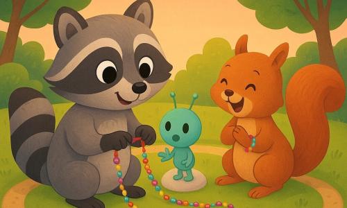 Personajul principal este un racoon artizanal zâmbitor și curios, cu ochi rotunzi sclipitori și blană în dungi gri-negru, ținând o cutiuță cu mărgele strălucitoare și înșirând mărgele-șoptitoare pe o sfoară; un personaj secundar este o veveriță vesele și ghidușă, cu blană roșcată și purtând deja o brățară colorată la încheietură, râzând ușor din dreapta; alt personaj secundar e un extraterestru verde-mentă, mic și rotund, cu două antene moi și patru degete subțiri, cu expresie de uimire, coborând dintr-o navetă mică și strălucitoare aflată în centrul cercului; locul e un cerc perfect de gazon înconjurat de cărări în spirală, iarbă verde moale, o piatră albă netedă în mijloc, câțiva copaci cu frunze translucide și o lumină de amurg roz-portocalie, creând o atmosferă caldă și magică; situația principală arată întâlnirea prietenoasă în cercul tăcut: cei trei se adună pentru a strânge un mare „nod al prieteniei” făcut din mărgele sclipitoare, cu naveta deschisă în spatele extraterestrului, în atmosferă de descoperire și uimire.