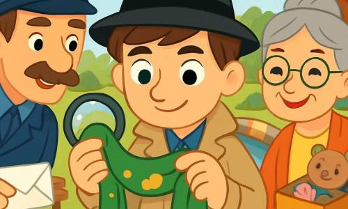 Een detective genaamd Bram staat in het midden van de afbeelding, met een vriendelijke en nieuwsgierige uitstraling, gekleed in een beige trenchcoat en een zwarte hoed. Zijn ogen stralen van opwinding en vastberadenheid terwijl hij een oude groene sjaalslinger met botervlekken onderzoekt. Rechts staat een oudere vrouw, Mevrouw Noor, ongeveer 60 jaar oud, met grijs haar in een knot en ronde bril. Ze glimlacht warm terwijl ze een kleine doos vol herinneringen vasthoudt en Bram met interesse observeert. Links staat een man, Meneer Kees, de postbode, ongeveer 50 jaar oud, met een verzorgde snor en een pet, die zich iets naar voren leunt met een brief in zijn hand, klaar om informatie te delen. De setting is een zonnig park met groene bomen en een oud houten bankje, waar een klein poppetje en een sjaalslinger op de grond liggen. Op de achtergrond is een klein houten bruggetje boven een glinsterende rivier te zien. De hoofdscène toont Bram die aandachtig de sjaalslinger onderzoekt, terwijl Mevrouw Noor en Meneer Kees toekijken, allemaal betrokken in een mysterieuze zoektocht naar een verloren voorwerp.