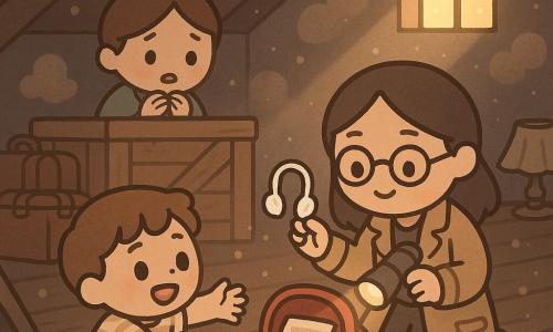Die Protagonistin ist die Detektivin Lise, aufmerksam und lächelnd, mit weichem Gesicht und kleinen runden Brillen, beigem Mantel, aufgeschlagenem Notizbuch in einer Hand und eingeschalteter Taschenlampe in der anderen, kniend neben einem roten Rucksack; eine erwachsene Frau, Frau Bauer, wirkt schüchtern und erleichtert, braune Haare im Dutt, leicht zitternde Hände, steht hinter einer alten Holzkiste auf dem staubigen Dachboden, als hätte sie sich gerade offenbart; ein etwa achtjähriger Junge, Tom, mit fröhlichem Gesicht und leuchtenden Augen, gestreiftem Hemd, steht unten an der Dachbodentreppe und streckt die Hände nach den von Lise gezeigten Kopfhörern aus; der Ort ist ein staubiger Dachboden mit dunklen Holzbalken, kleiner Dachluke, goldenem Sonnenstrahl, alten Koffern, kaputter Lampe und sichtbaren Staubpartikeln; Situation: Lise zeigt sanft die Kopfhörer neben dem offenen roten Rucksack, die Frau gesteht schüchtern, der Junge wartet glücklich unten — warme, tröstliche Atmosphäre, weiche Farben, warmes Licht gegen bläuliche Schatten, scharfe Details wie eine Metallklammer am Rucksack und leuchtende Staubkörner.