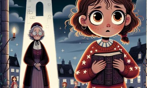 A 10-year-old girl named Emily stands at the center of the scene, with bright, excited eyes and a slight shiver of fear. She has curly brown hair with a small braid on the side, and wears a red sweater with white stars and ripped jeans. Her hands are tightly gripping an old book close to her heart as she gazes determinedly at the old bell tower. Next to her, an elderly woman, Mrs. Mortimer, around 70 years old, with gray hair in a bun and round glasses, stands slightly back. She wears a long dark dress, and her face shows both wisdom and concern as she raises a hand to guide Emily in the ritual. The setting is the central square of Eldergrove, surrounded by old stone houses, with flickering lanterns and dancing shadows cast by the moonlight. In the background, the imposing and mysterious bell tower looms with its cracked face, while dark clouds gather in the starry sky. The main situation shows Emily and Mrs. Mortimer performing an ancient ritual to fend off threatening shadows swirling around them, creating a magical yet eerie atmosphere. The shadows seem to whisper secrets as Emily bravely prepares to face the unknown.