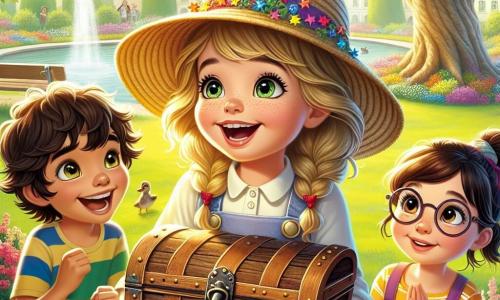 En el centro de la imagen, una niña de 10 años, Ana, con grandes ojos brillantes y una sonrisa radiante, lleva un sombrero de paja decorado con pequeñas estrellas de colores. Sostiene un viejo baúl de madera, con una expresión de emoción y curiosidad en su rostro, lista para descubrir su contenido. A su derecha, Paco, un niño de 10 años con el cabello castaño desordenado y una camiseta a rayas, hace un gesto teatral, como si estuviera contando una historia increíble, con una expresión divertida. A la izquierda, Sofía, una niña de 10 años con gafas redondas y una coleta, observa el baúl con entusiasmo y concentración, lista para ayudar a Ana a abrirlo. Al fondo, un parque verde bañado por el sol, con un viejo roble majestuoso, flores de colores y un pequeño estanque donde nadan patos. Risas de niños y gritos alegres llenan el aire, creando una atmósfera de felicidad y amistad. La escena principal muestra a Ana, Paco y Sofía reunidos alrededor del baúl, descubriendo juntos un tesoro escondido, con hojas y flores esparcidas a su alrededor, simbolizando su aventura y complicidad.