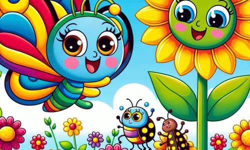 Ein kleiner Schmetterling namens Lila, mit bunten Flügeln in Rot, Blau, Gelb und Grün, fliegt fröhlich über einen blühenden Garten. Sie hat ein großes Lächeln im Gesicht, das Freude und Staunen ausdrückt. Neben ihr neigt sich eine große Sonnenblume mit leuchtend gelben Blütenblättern und einem lächelnden Gesicht leicht zu Lila und zeigt ihre Freude, ihre Freundin willkommen zu heißen. Ein kleiner grün-brauner Käfer mit funkelnden, neugierigen Augen klettert auf ein nahegelegenes Blatt und schaut Lila bewundernd und begeistert an. Der Garten ist mit bunten Blumen, tanzenden Schmetterlingen und grünen Bäumen unter einem klaren blauen Himmel gefüllt, was eine fröhliche und einladende Atmosphäre schafft. Die Hauptsituation zeigt Lila und ihre Freunde, die die Vielfalt im Garten feiern, alle zusammen in einem fröhlichen Tanz, der ihre Farben und Unterschiede betont und Harmonie und Freundschaft symbolisiert.
